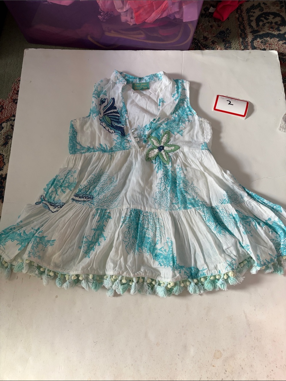 Girls' White and Aqua Embroidered Tiered Dress Costume